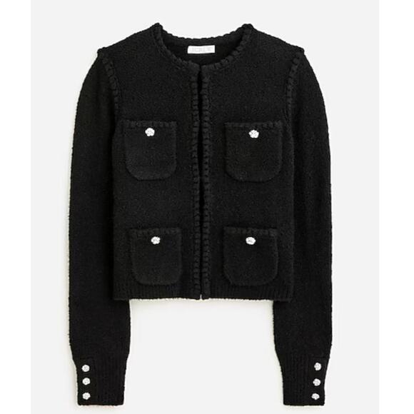J.Crew Odette Sweater Jacket WMNS S Black Wool-Alpaca Crochet Trim Gold Button - Picture 2 of 7